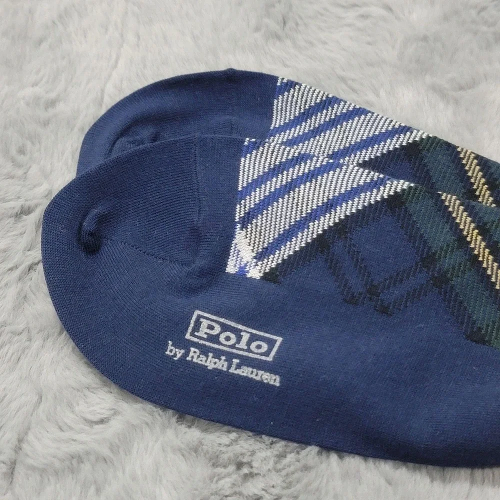Polo Ralph Lauren Socks Mens 10-13 Navy Tartan Plaid Cookie Crest Embroider Calf